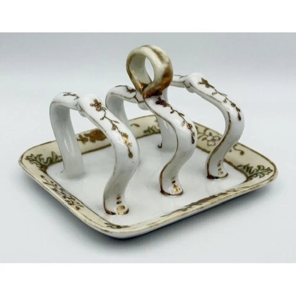 Antique Nippon Hand Painted Toast Rack Holder White Gold Flower Bead Trim 5 in